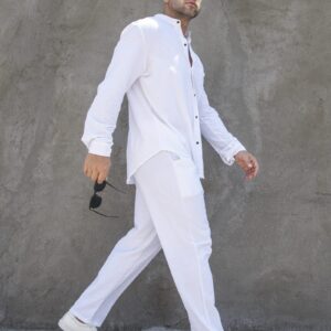 RPOVIG Linen Shirt Sets Outfits:Men's 2 Pieces Henley Shirts Long Sleeve Loose Yoga Pants Beach Clothing White