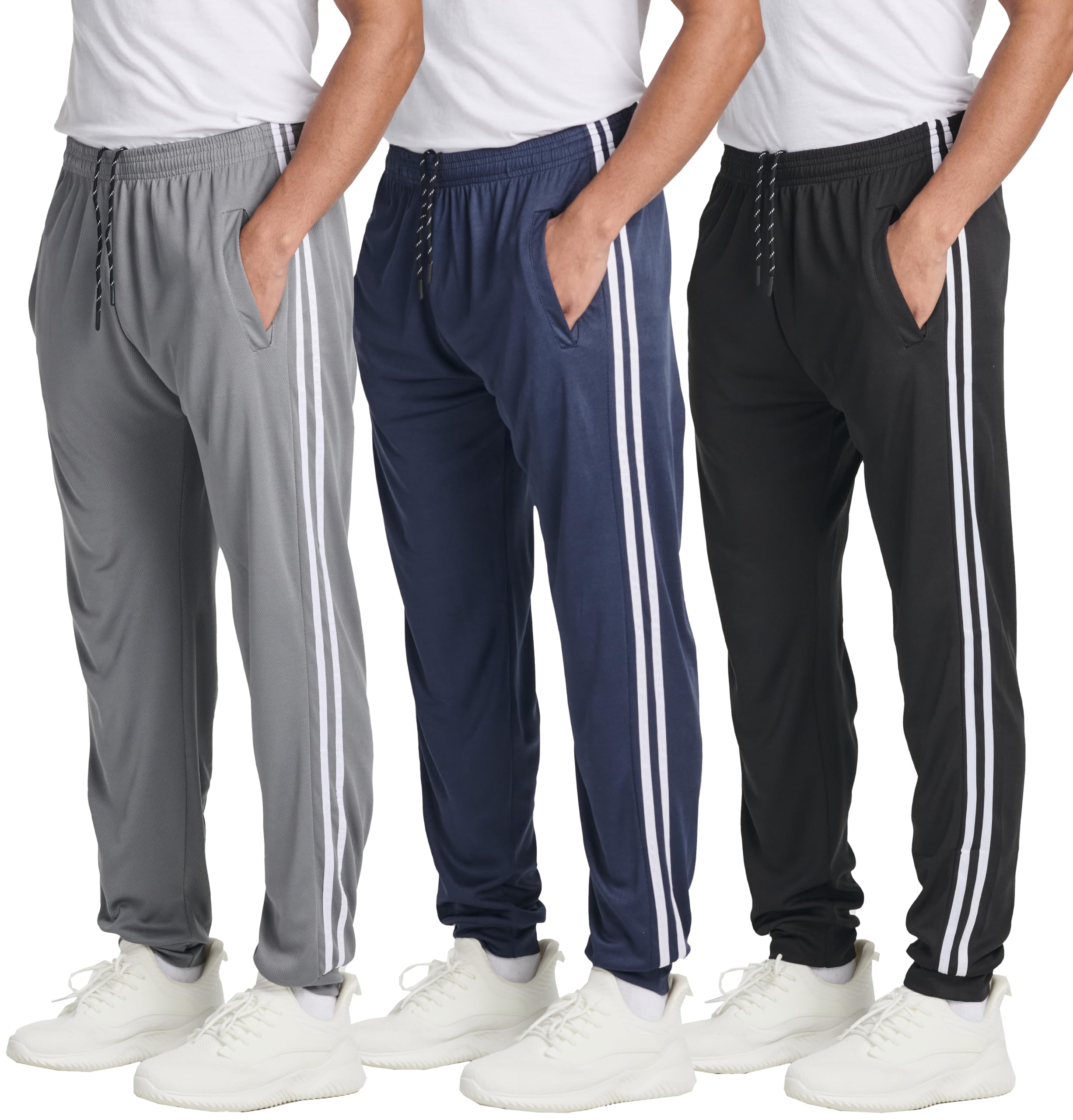 3 Pack Mens Joggers Tech Mesh Active Sports Athletic Training Soccer Track Gym Running Slim Fit Tiro Tapered Casual Jogger Terry Quick Dry Dri Fit Sweatpants Pockets Elastic Hiking Bottom- Set 5, L