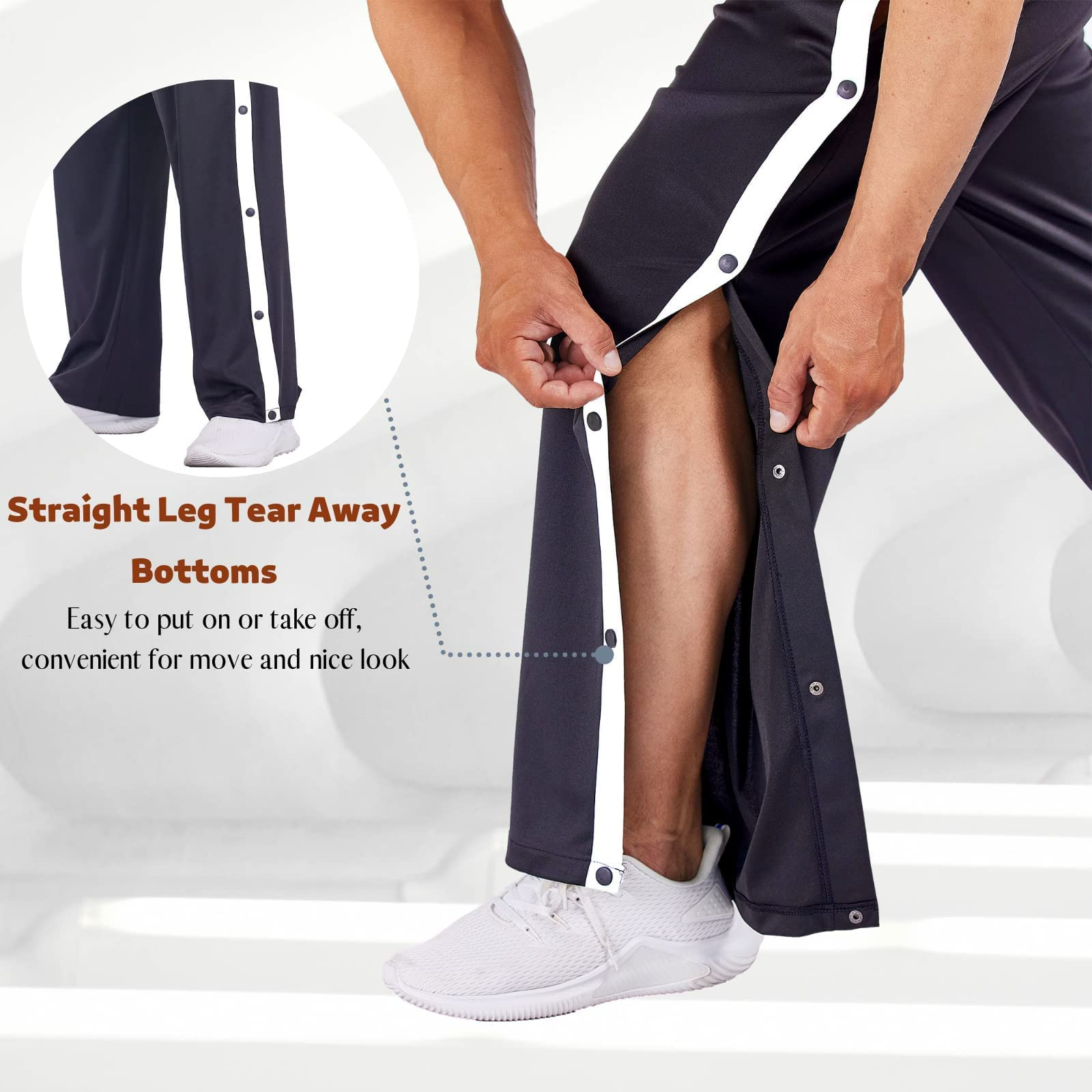 Deyeek Men's Tear Away Basketball Pants High Split Snap Button Casual Post-surgery Sweatpants with Pockets Navy Blue