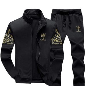 PASOK Men's Casual Tracksuit Full Zip Running Jogging Athletic Sports Jacket And Pants Set Black 2XL