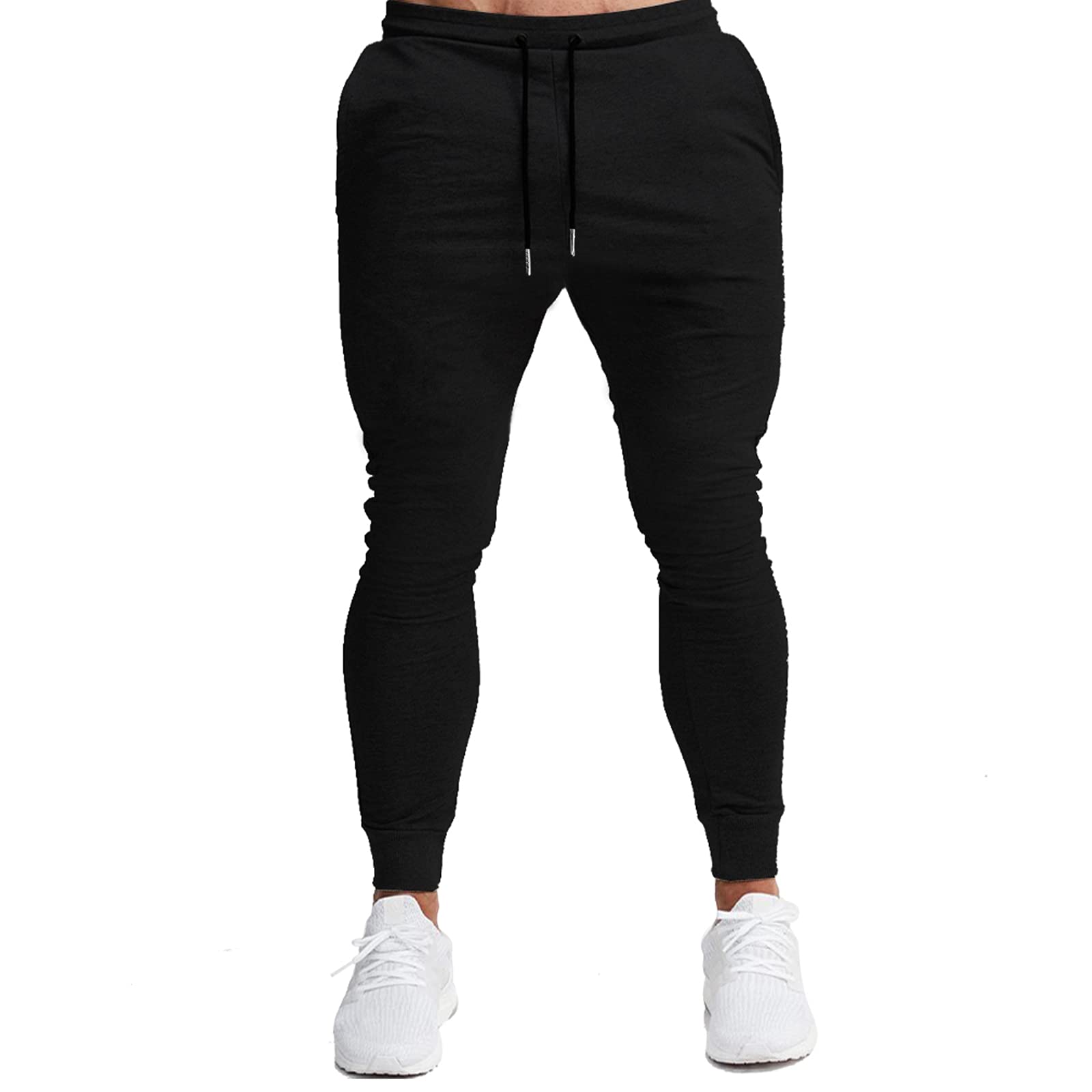 BUXKR Men's Slim Joggers Workout Pants for Gym Running and Bodybuilding Athletic Bottom Sweatpants with Deep Pockets,Black,XL