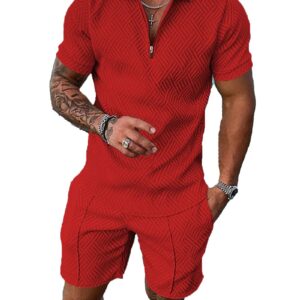 BIRW L Red Mens Short Sets 2 Piece Outfits Fashion Summer Tracksuits Casual Set Polo Shirt Short Sleeve and Shorts Set