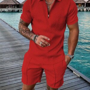 BIRW L Red Mens Short Sets 2 Piece Outfits Fashion Summer Tracksuits Casual Set Polo Shirt Short Sleeve and Shorts Set