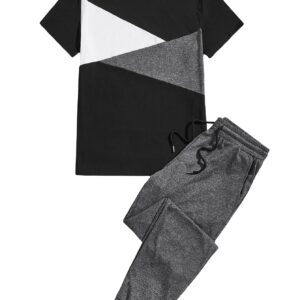 OYOANGLE Men's 2 Piece Outfits Short Sleeve T Shirt and Sweatpants Lounge Set Sleepwear Tracksuit Black Grey M