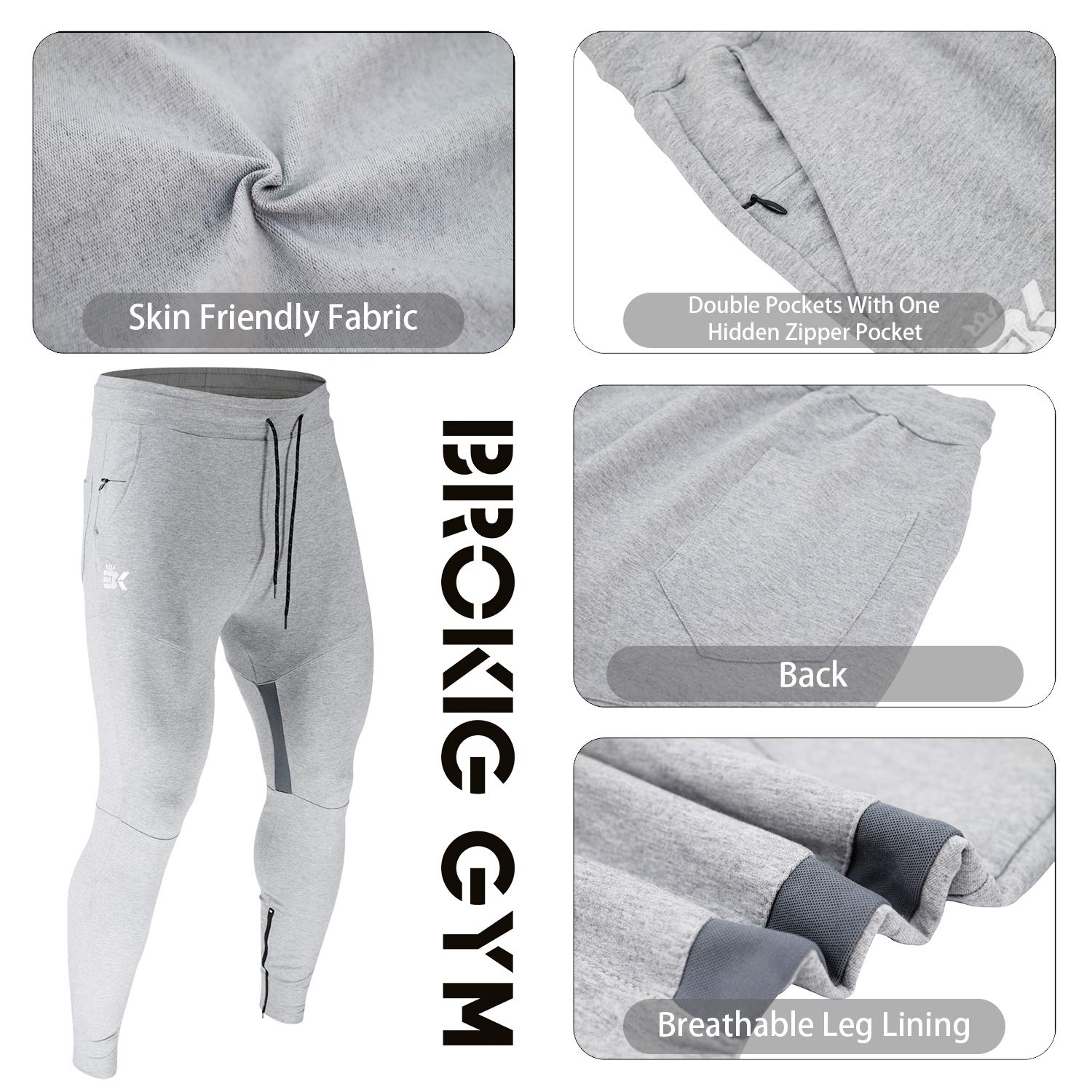 BROKIG Mens Gym Jogger Pants,Casual Slim Workout Sweatpants with Zipper Pockets Bodybuilding Athletic Pants(Gray,M)