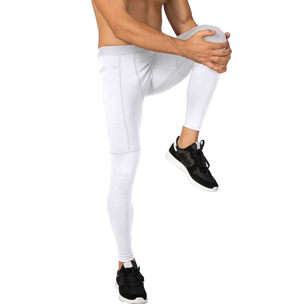 WRAGCFM Compression Pants Men,Tights for Men Running Workout Basketball Athletic Sports Leggings Compression Tights with Pockets White,M