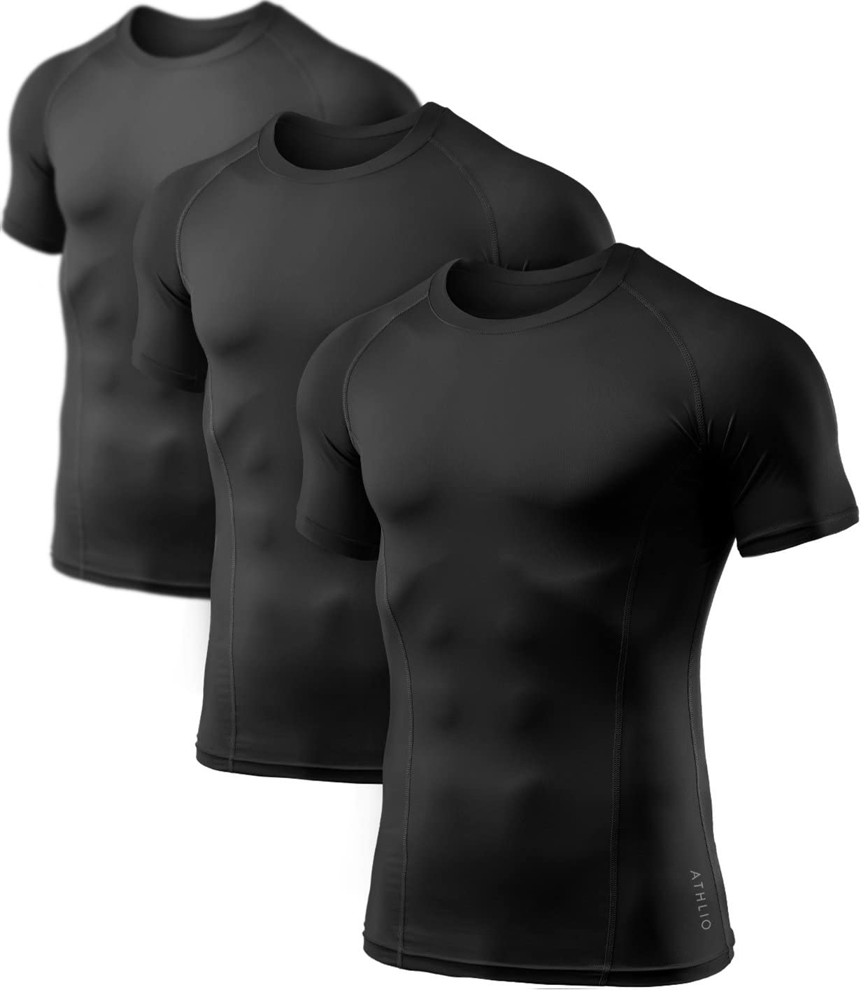 ATHLIO Men's Cool Dry Short Sleeve Compression Shirts, Sports Baselayer T-Shirts Tops, Athletic Workout Shirt, 3pack Tops Black/Black/Black, X-Large