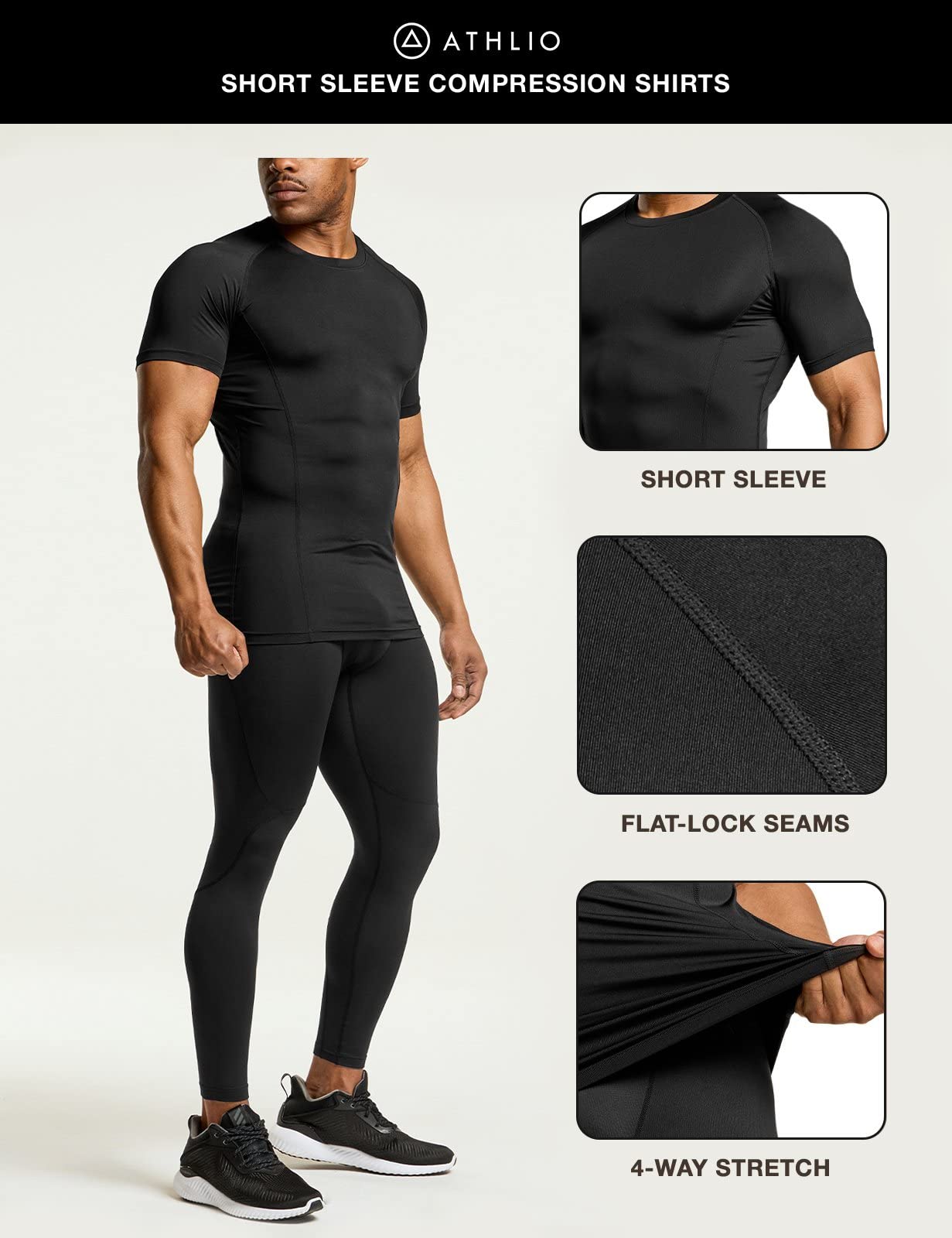 ATHLIO Men's Cool Dry Short Sleeve Compression Shirts, Sports Baselayer T-Shirts Tops, Athletic Workout Shirt, 3pack Tops Black/Black/Black, X-Large