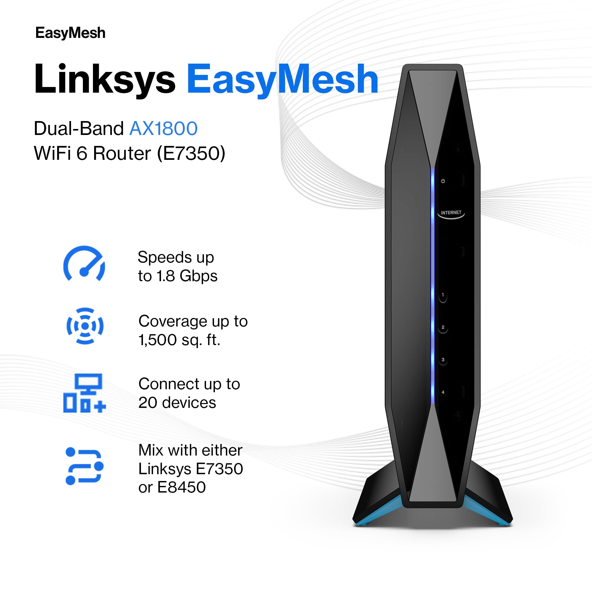 Linksys AX1800 Wi-Fi 6 Router Home Networking, Dual Band Wireless AX Gigabit WiFi Router, Speeds up to 1.8 Gbps and coverage 1,500 sq ft, Parental Controls, maximum 20 devices (E7350)