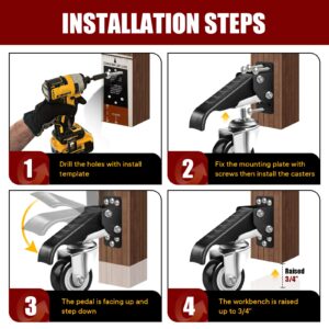 SPACECARE Workbench Casters Retractable Casters Kit 600Lbs, Retractable Casters Heavy Duty Bench Caster Wheels Workbenches Tables and Equipments, Stepdown Casters 4 Pack