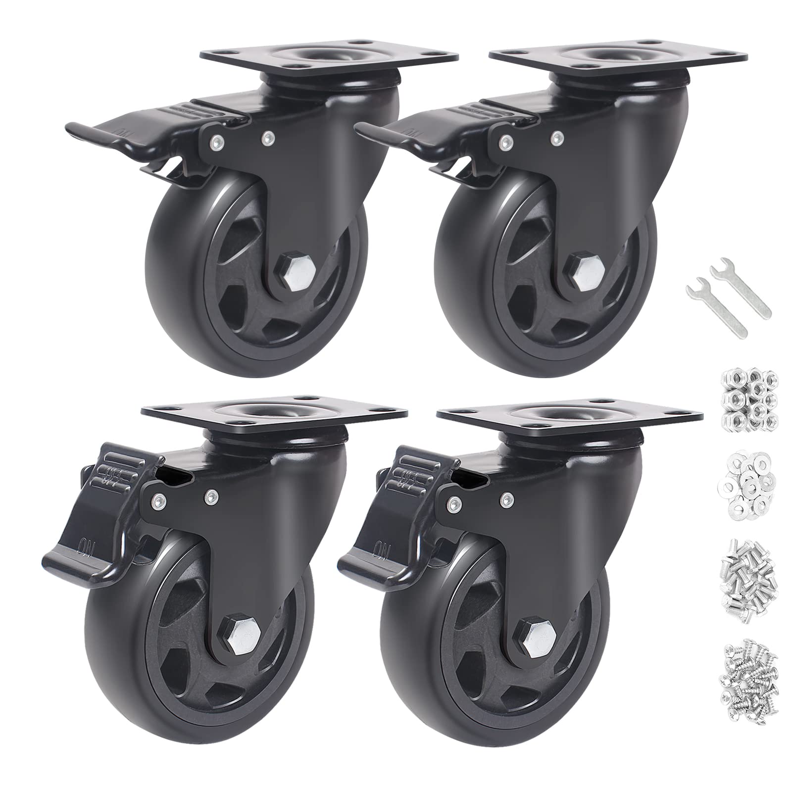 4 Inch Caster Wheels 2000lbs,Casters Set of 4,Heavy Duty Plate Casters with Double Ball Bearings,YAEMIKY Premium Polyurethane Swivel Caster Wheels for Cart,Furniture,Workbench（16pcs Screws Included)