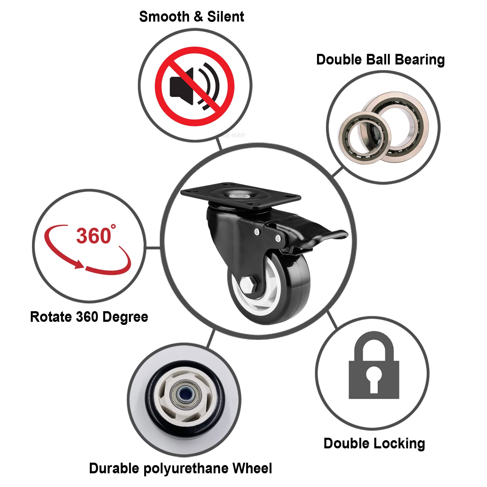 Caster Wheels - 3 Inch Casters Set of 4 Heavy Duty, BOSGEOT Locking Industrial Casters with 360 Degree No Noise Polyurethane Wheels, Swivel Plate Casters with Brake - Pack of 4