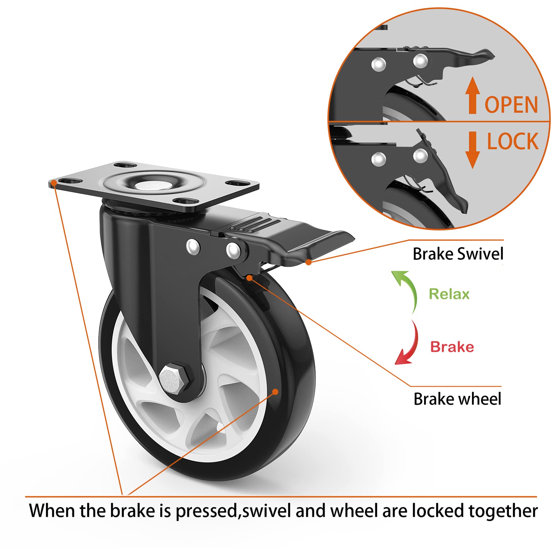 5 Inch Caster Wheels, Heavy Duty 5” Casters Set of 4 with Brake, TONSUM No Noise Polyurethane (PU) Wheels and Safety Dual Locking casters, Swivel Plate Castors (Two Hardware Kits for Free) (5inch)