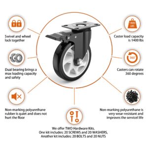 5 Inch Caster Wheels, Heavy Duty 5” Casters Set of 4 with Brake, TONSUM No Noise Polyurethane (PU) Wheels and Safety Dual Locking casters, Swivel Plate Castors (Two Hardware Kits for Free) (5inch)