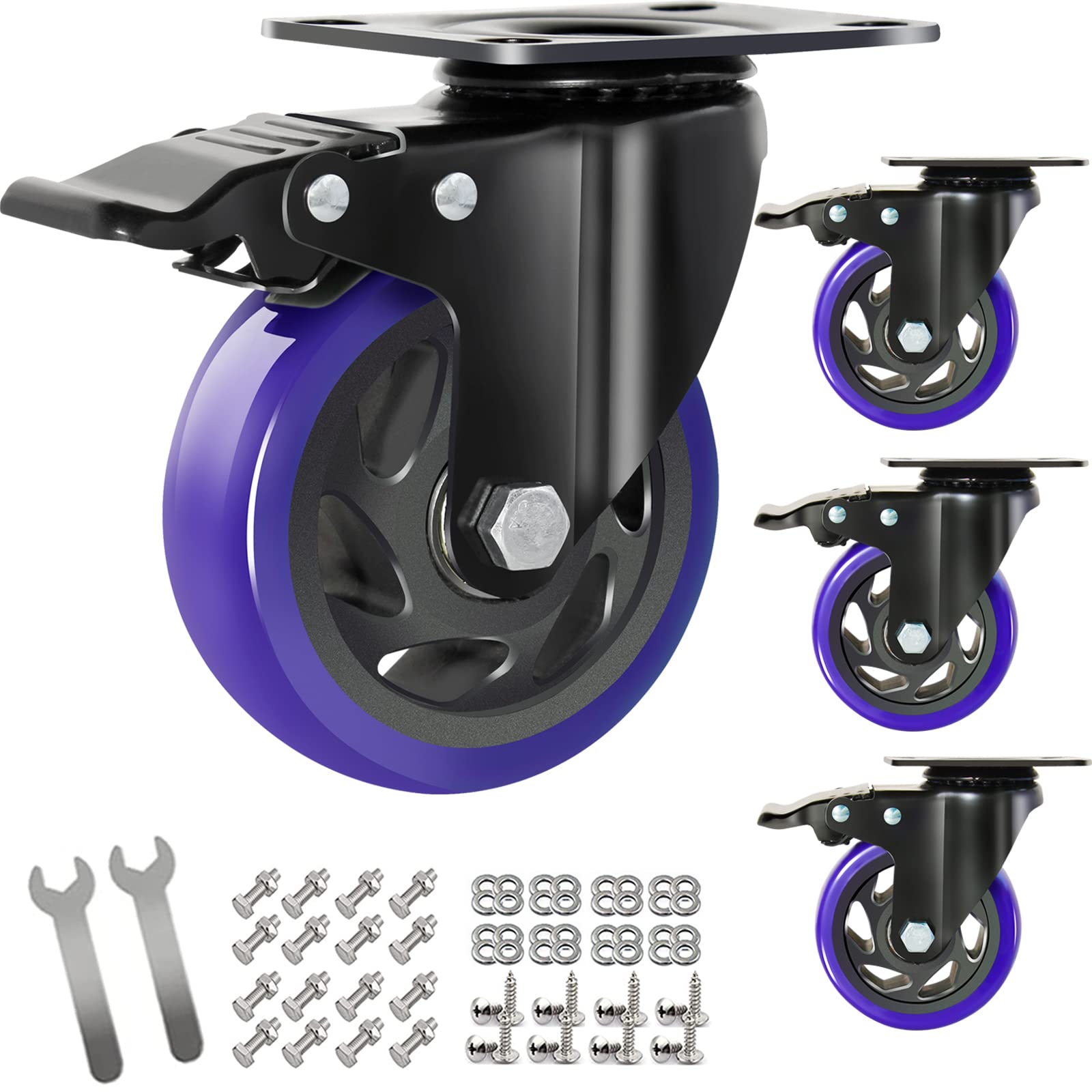 4 Inch Caster Wheels with Brake, Heavy Duty Casters Set of 4 2000lbs, Swivel Plate Casters with Double Ball Bearings, Industrial Caster Wheels for Cart,Furniture,Workbench,Trolley(Two Hardware Kits)