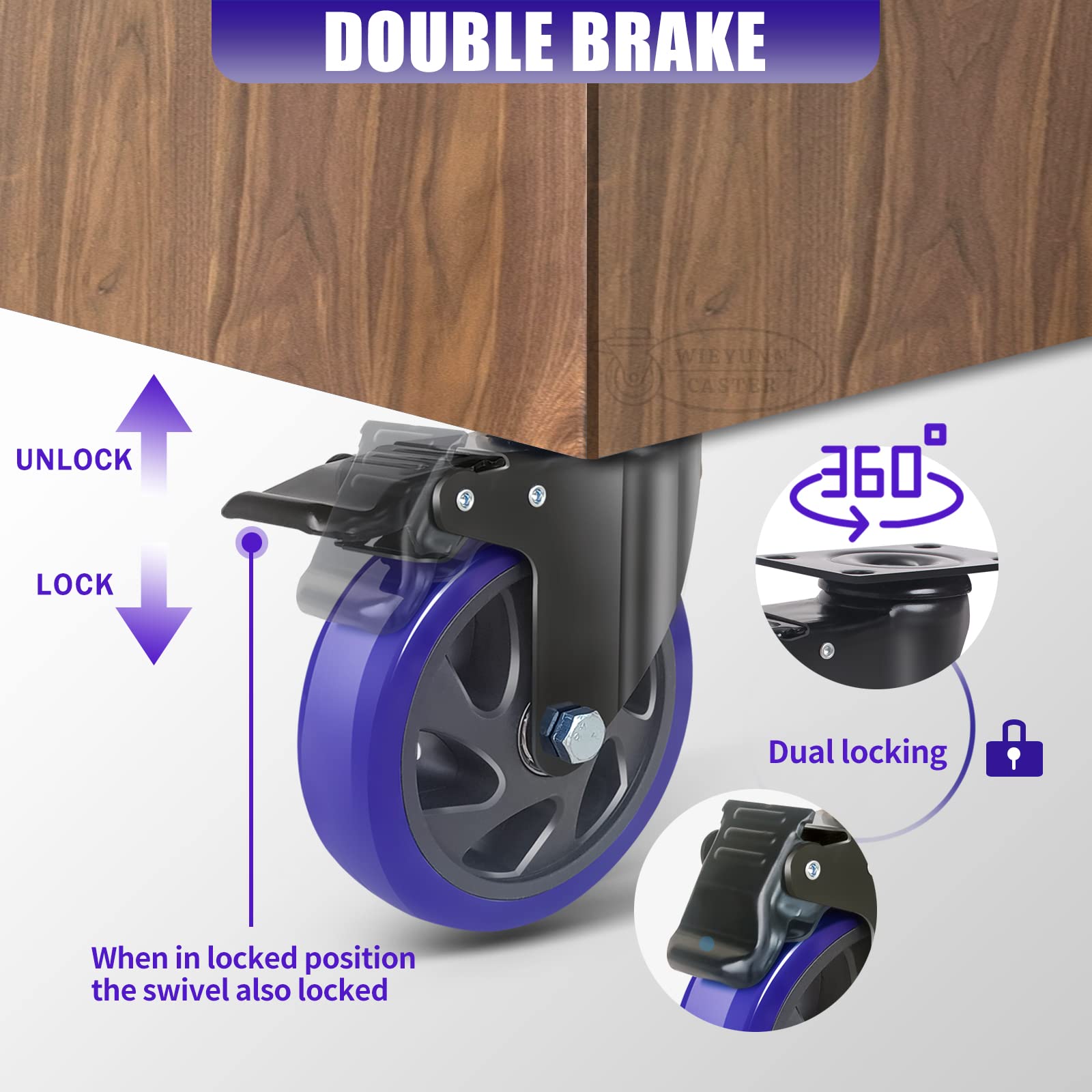 4 Inch Caster Wheels with Brake, Heavy Duty Casters Set of 4 2000lbs, Swivel Plate Casters with Double Ball Bearings, Industrial Caster Wheels for Cart,Furniture,Workbench,Trolley(Two Hardware Kits)