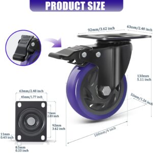 4 Inch Caster Wheels with Brake, Heavy Duty Casters Set of 4 2000lbs, Swivel Plate Casters with Double Ball Bearings, Industrial Caster Wheels for Cart,Furniture,Workbench,Trolley(Two Hardware Kits)