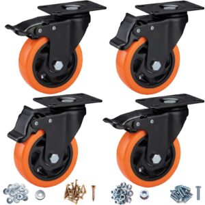 ASRINIEY Casters, 4" Caster Wheels，Casters Set of 4 Heavy Duty - Orange Polyurethane Castors, Top Plate Swivel Wheels, 4-Pack Industrial Casters with Brake, Locking Casters for Furniture and Workbench