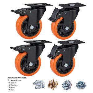 ASRINIEY Casters, 4" Caster Wheels，Casters Set of 4 Heavy Duty - Orange Polyurethane Castors, Top Plate Swivel Wheels, 4-Pack Industrial Casters with Brake, Locking Casters for Furniture and Workbench