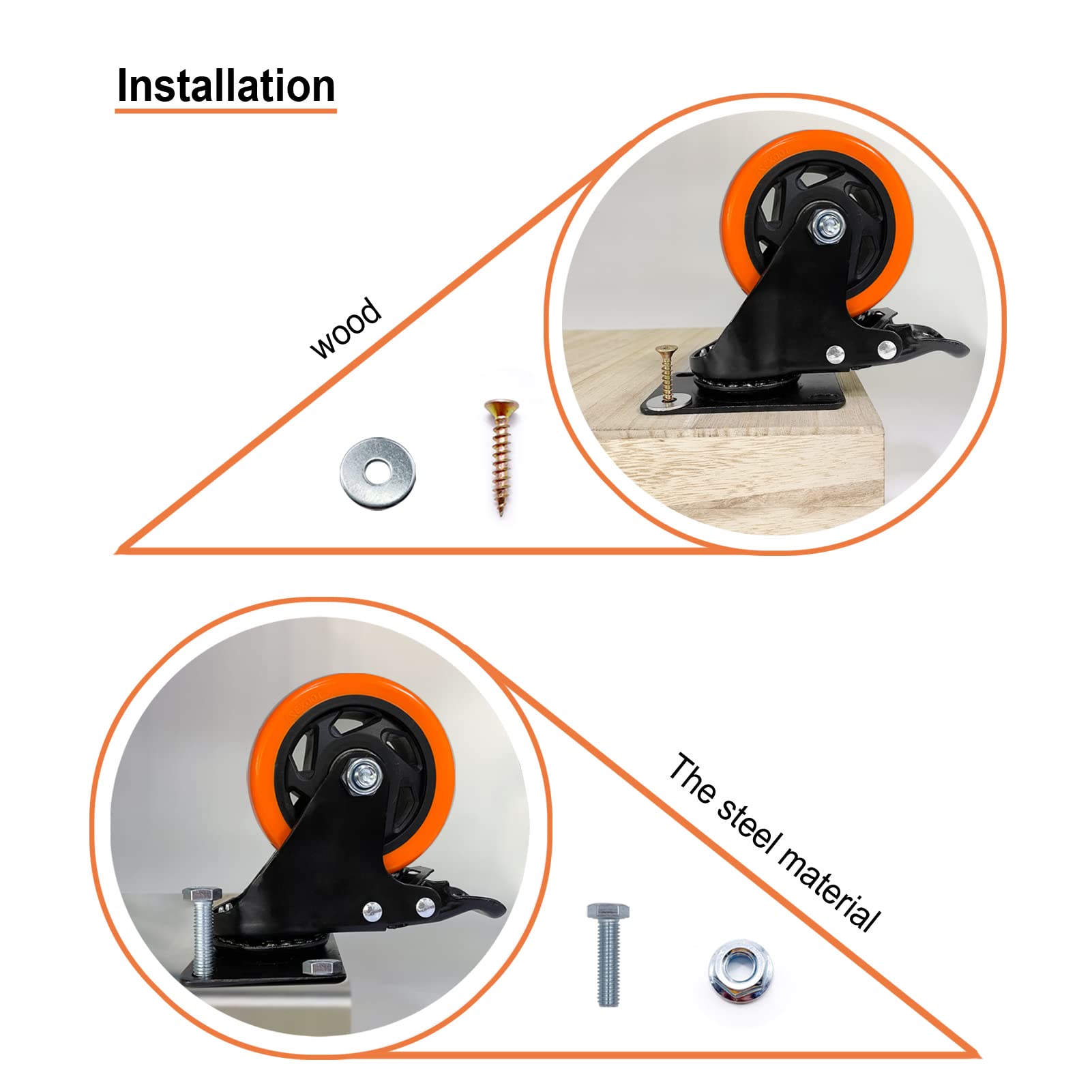 ASRINIEY Casters, 4" Caster Wheels，Casters Set of 4 Heavy Duty - Orange Polyurethane Castors, Top Plate Swivel Wheels, 4-Pack Industrial Casters with Brake, Locking Casters for Furniture and Workbench