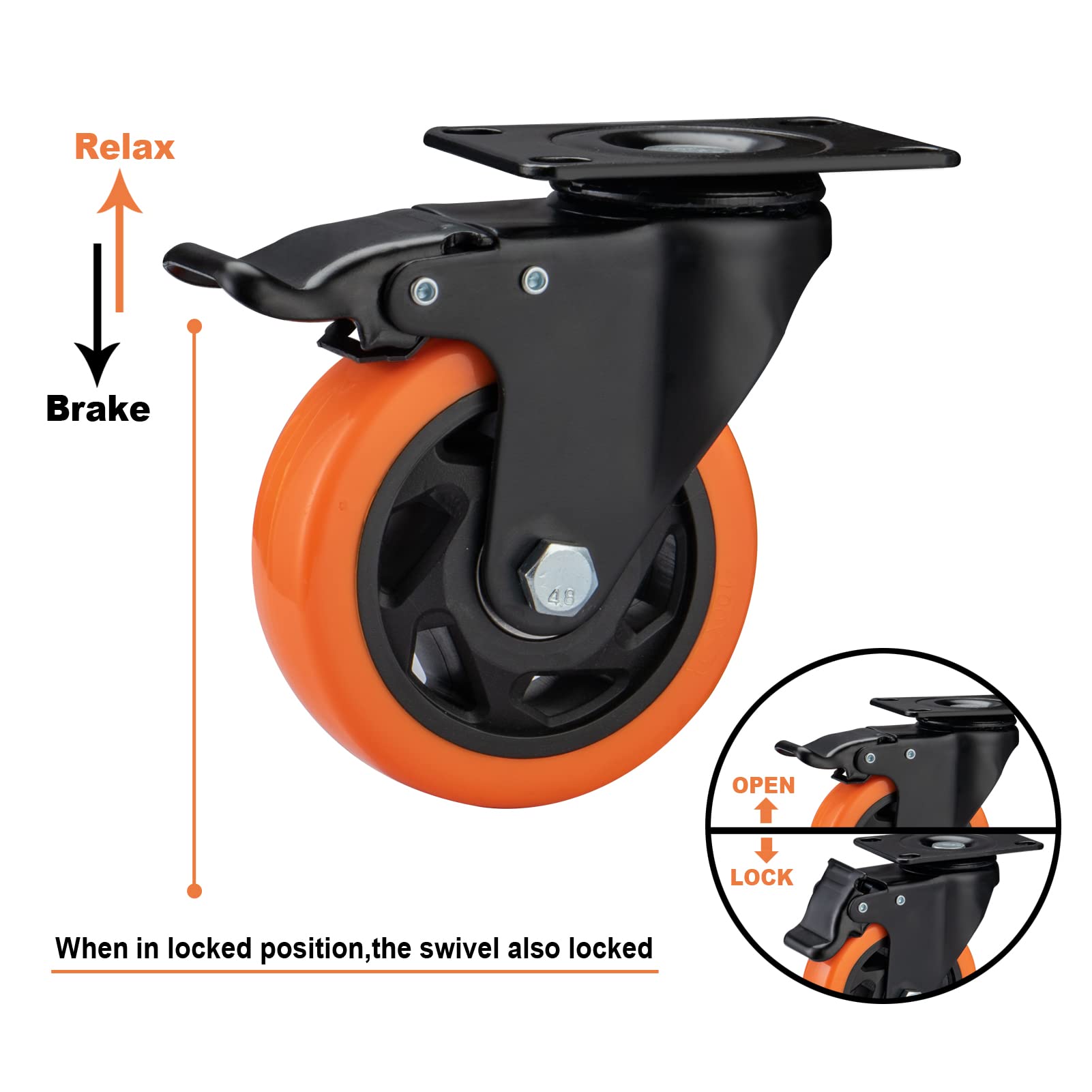 ASRINIEY Casters, 4" Caster Wheels，Casters Set of 4 Heavy Duty - Orange Polyurethane Castors, Top Plate Swivel Wheels, 4-Pack Industrial Casters with Brake, Locking Casters for Furniture and Workbench