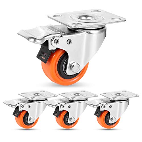 W B D WEIBIDA 2" Plate Caster Wheels Heavy Duty 600 Lbs Load Capacity Swivel Casters with Brake Set of 4, Safety Dual Locking, No Noise Wheels for Furniture, Carts (Free Screws and Screwdriver)