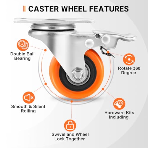 W B D WEIBIDA 2" Plate Caster Wheels Heavy Duty 600 Lbs Load Capacity Swivel Casters with Brake Set of 4, Safety Dual Locking, No Noise Wheels for Furniture, Carts (Free Screws and Screwdriver)
