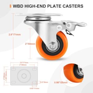 W B D WEIBIDA 2" Plate Caster Wheels Heavy Duty 600 Lbs Load Capacity Swivel Casters with Brake Set of 4, Safety Dual Locking, No Noise Wheels for Furniture, Carts (Free Screws and Screwdriver)