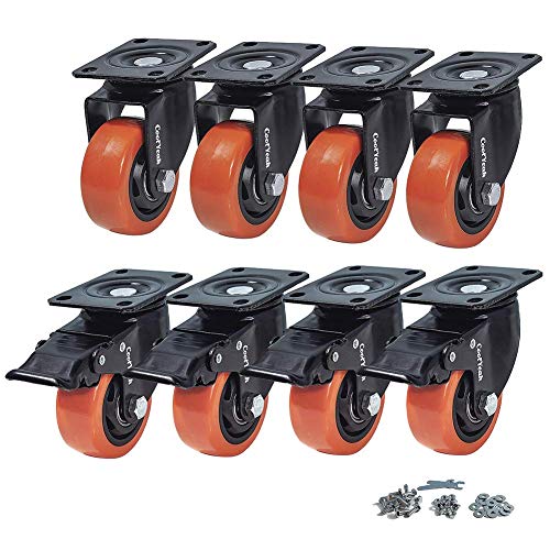 CoolYeah 3 inch Swivel Plate PVC Caster Wheels, Industrial, Premium Heavy Duty Casters (Pack of 8, 4 with Brake & 4 Without)…