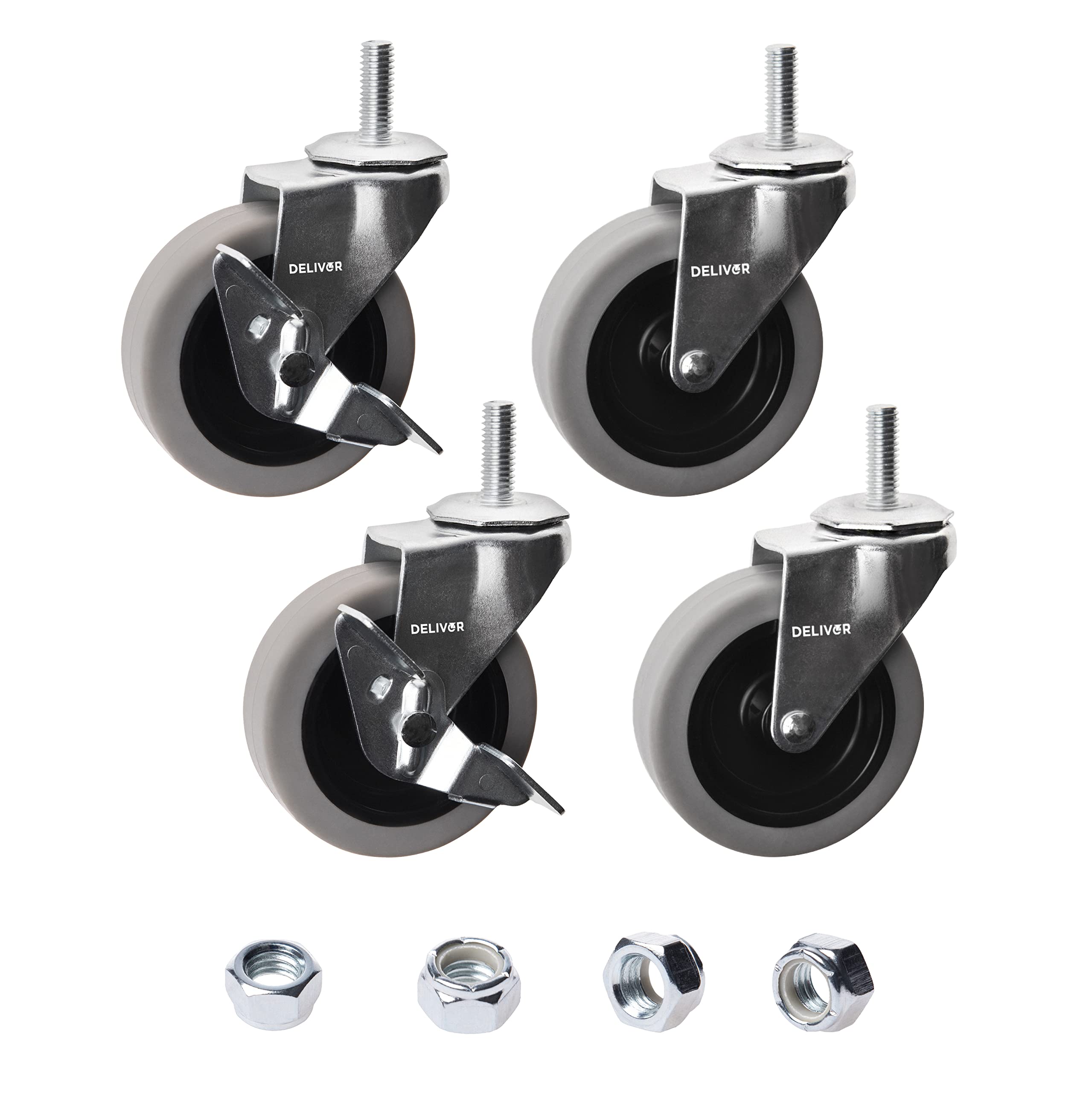 DELIVeR 3 Inch, Locking Swivel Caster Wheels, Set of 4,Heavy Duty with Nylon Nuts for Carts, Replacement Rubber Wheels, Threaded Stem 3/8”-16 x 1” Caster, 130 Lbs Per Caster