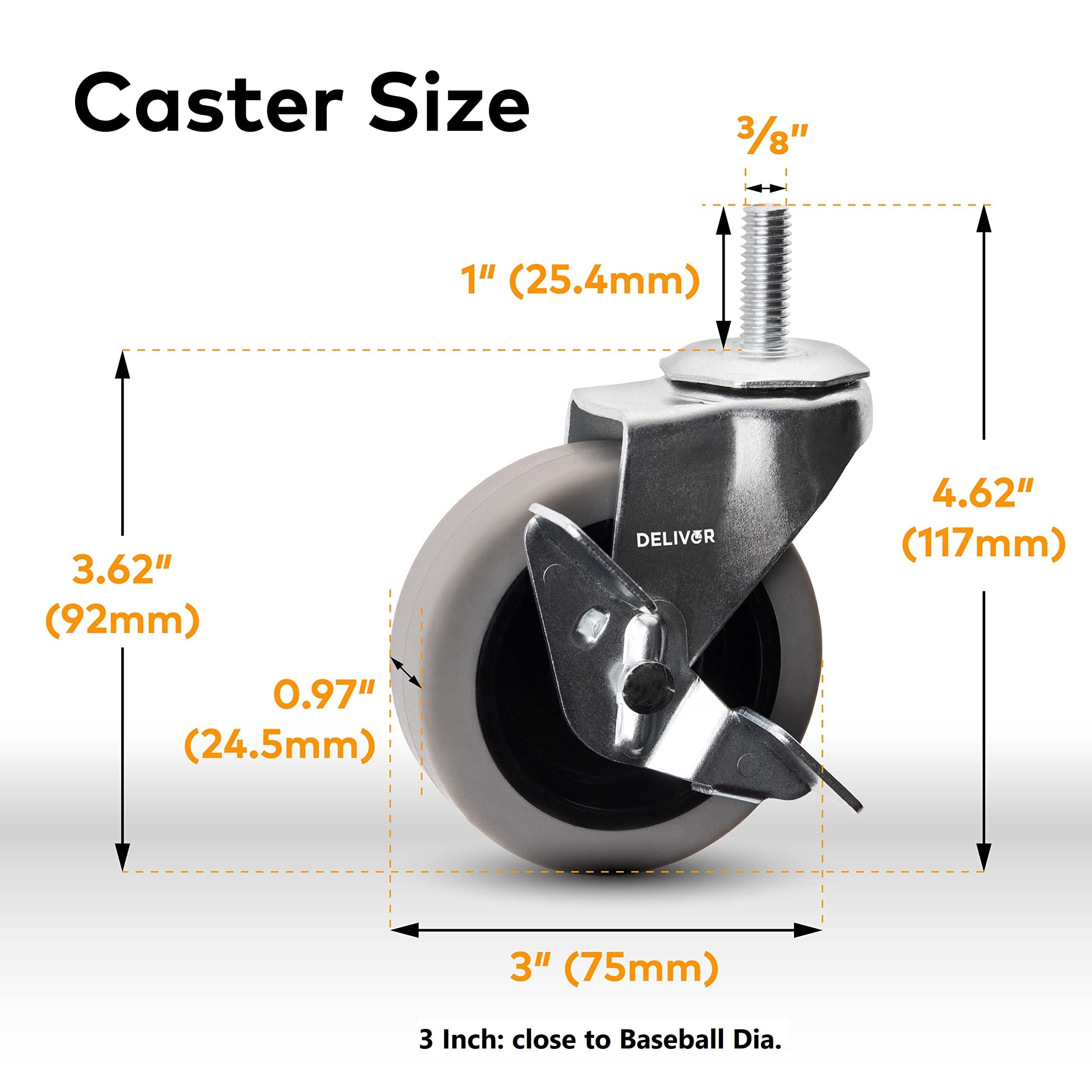 DELIVeR 3 Inch, Locking Swivel Caster Wheels, Set of 4,Heavy Duty with Nylon Nuts for Carts, Replacement Rubber Wheels, Threaded Stem 3/8”-16 x 1” Caster, 130 Lbs Per Caster