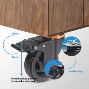 5 Inch Caster Wheels 2200Lbs, Casters Set of 4, Heavy Duty Casters with Brake, Safety Dual Locking Industrial Casters, No Noise Wheels with Polyurethane Foam (Two Hardware Kits Included)