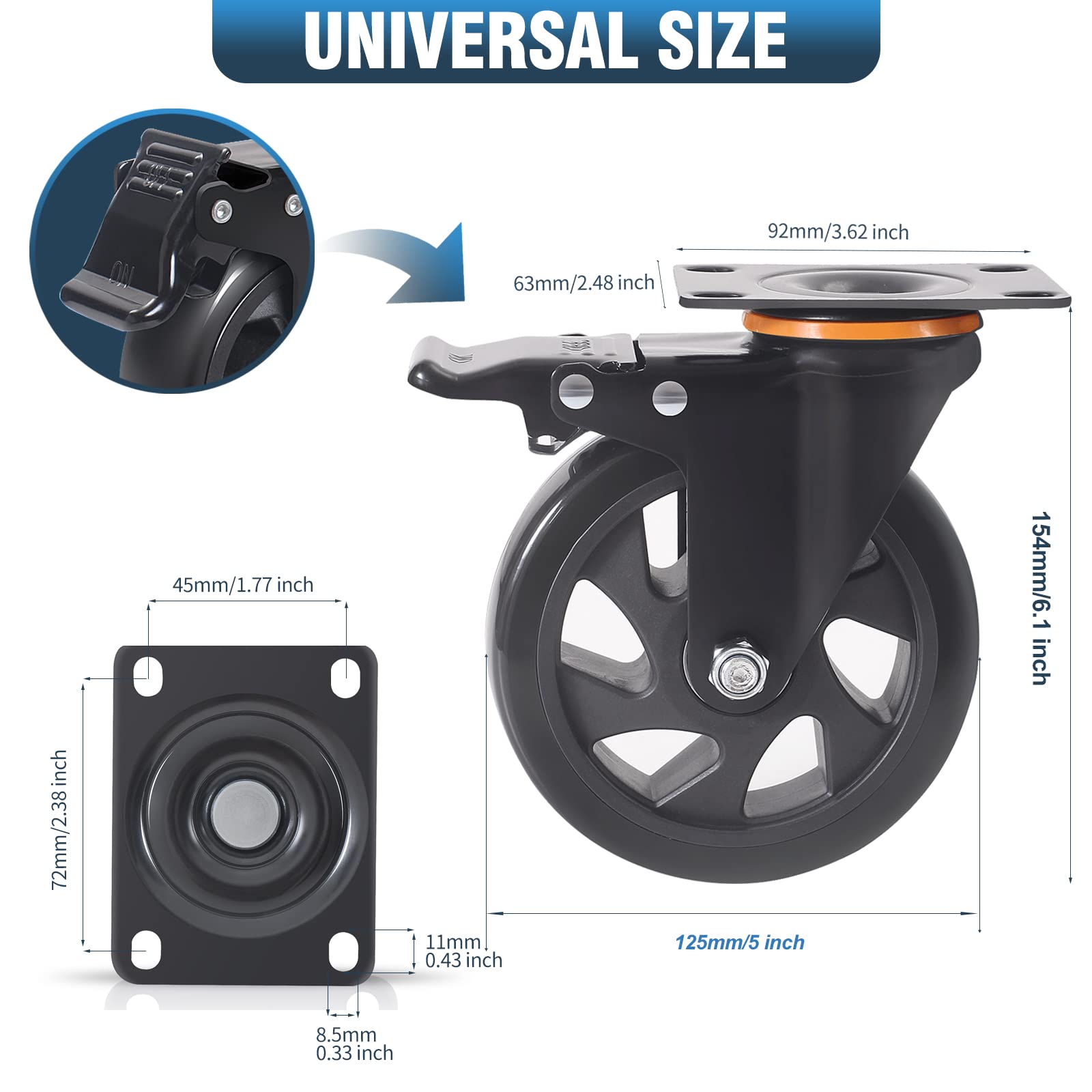 5 Inch Caster Wheels 2200Lbs, Casters Set of 4, Heavy Duty Casters with Brake, Safety Dual Locking Industrial Casters, No Noise Wheels with Polyurethane Foam (Two Hardware Kits Included)