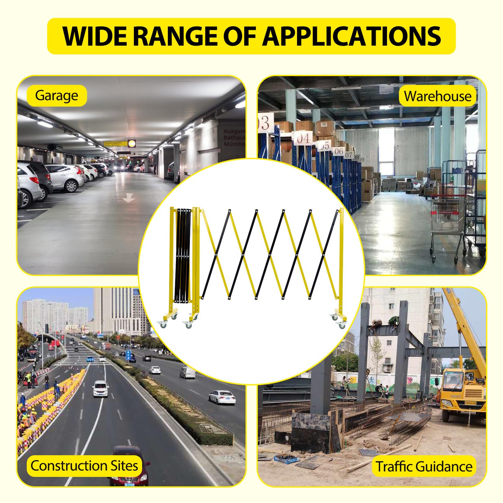 Garvee 19.8 FT Industrial Expandable Metal Barricade, Rotatable & Portable Safety Barrier with a Warning Board and Casters, Retractable Traffic Fence Mobile Safety Barrier Gate Yellow Black