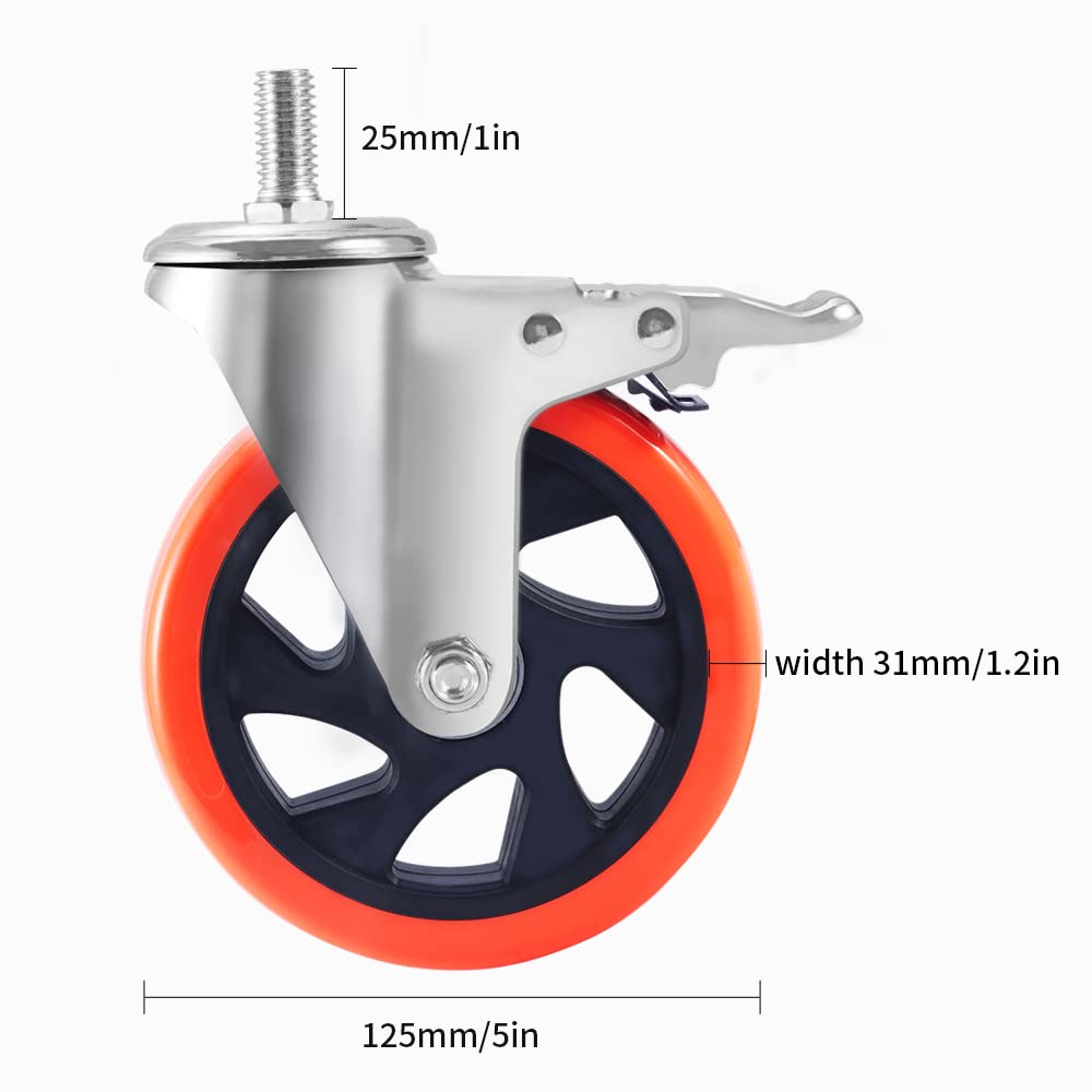 5 inch Casters Heavy Duty Swivel Threaded Stem Caster Wheels with Threaded Diameter 1/2''-13x1'' Length 1 Inch Thread Dual Locking Wheel with Brakes Pack of 4 (5 inch)