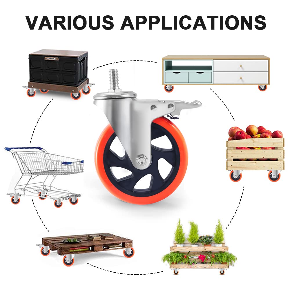 5 inch Casters Heavy Duty Swivel Threaded Stem Caster Wheels with Threaded Diameter 1/2''-13x1'' Length 1 Inch Thread Dual Locking Wheel with Brakes Pack of 4 (5 inch)