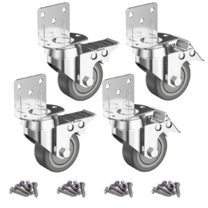 2" L-Shaped Caster Wheels Set of 4 Side Mount Casters with Brake 2 inch Dual Locking Swivel Castors and No Noise TPR Rubber Wheel No Floor Marks Silent Castor for Furniture Baby Bed Cabinet 440Lbs