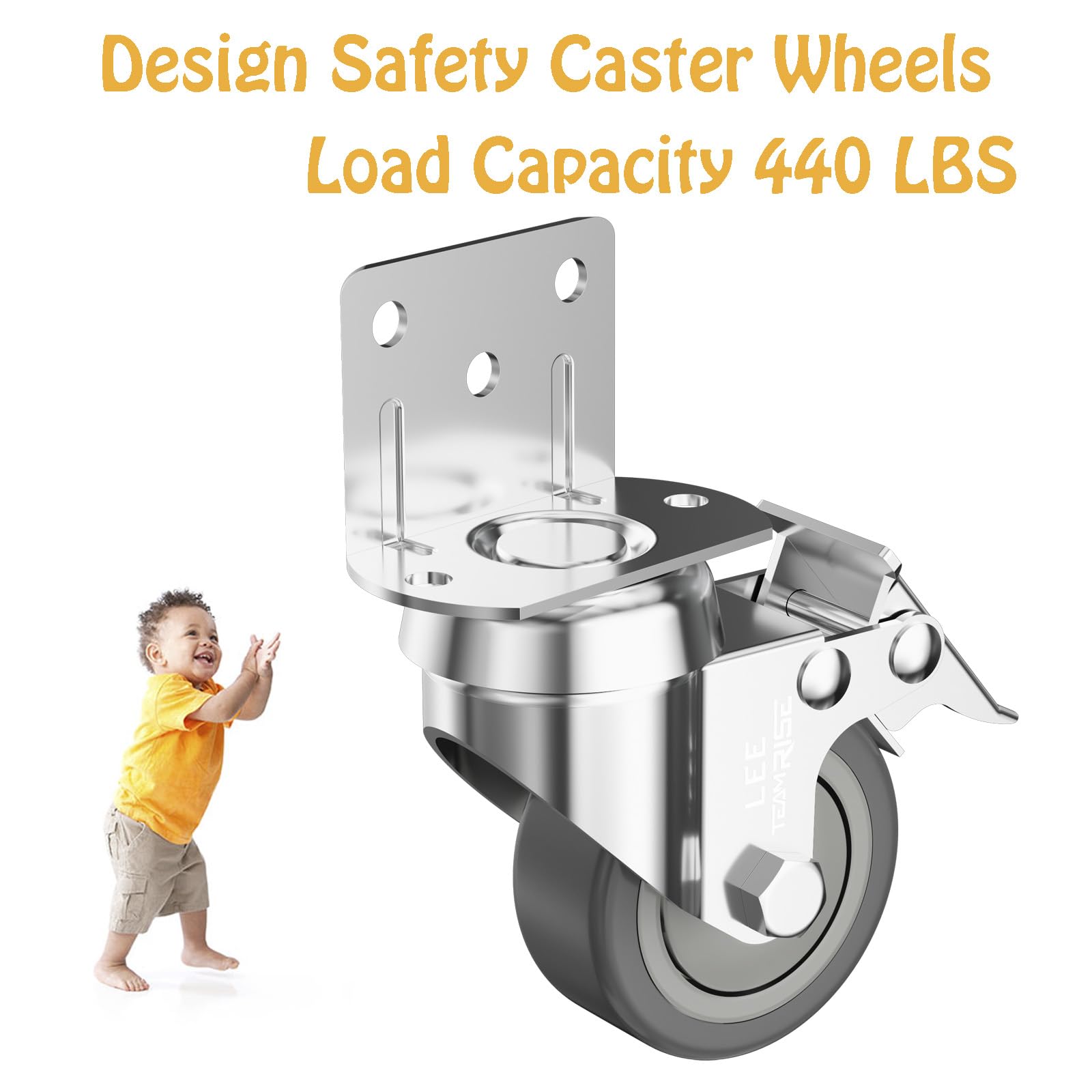2" L-Shaped Caster Wheels Set of 4 Side Mount Casters with Brake 2 inch Dual Locking Swivel Castors and No Noise TPR Rubber Wheel No Floor Marks Silent Castor for Furniture Baby Bed Cabinet 440Lbs