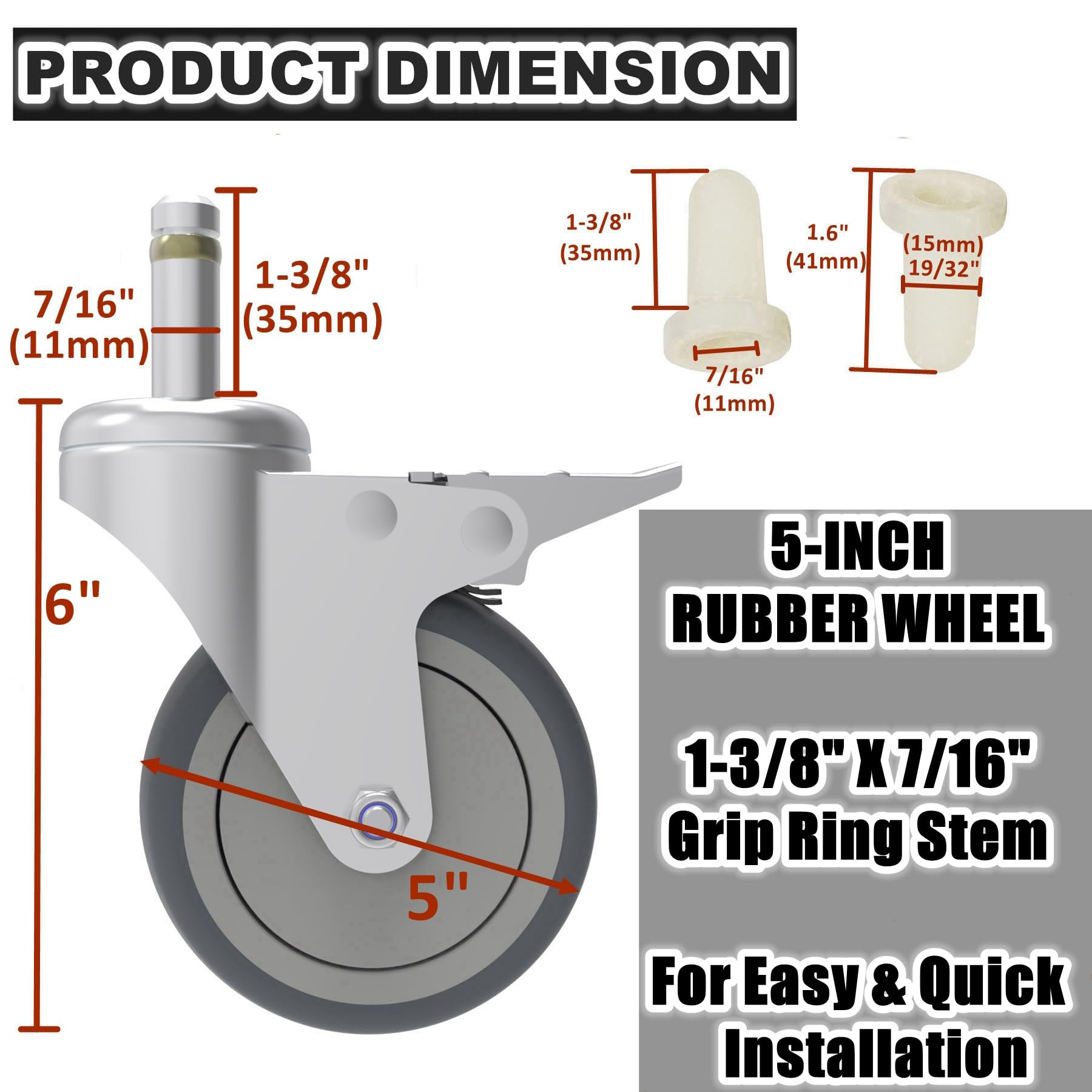 RILIDRI 5-Inch Swivel Stem Caster, 7/16-Inch Stem Diameter Rubber Wheel, Heavy Duty TPR Thermoplastic Rubber Replacement Wheels, 225-lb per Wheel- 4 Pack(2 Brakes 2 Swivel)