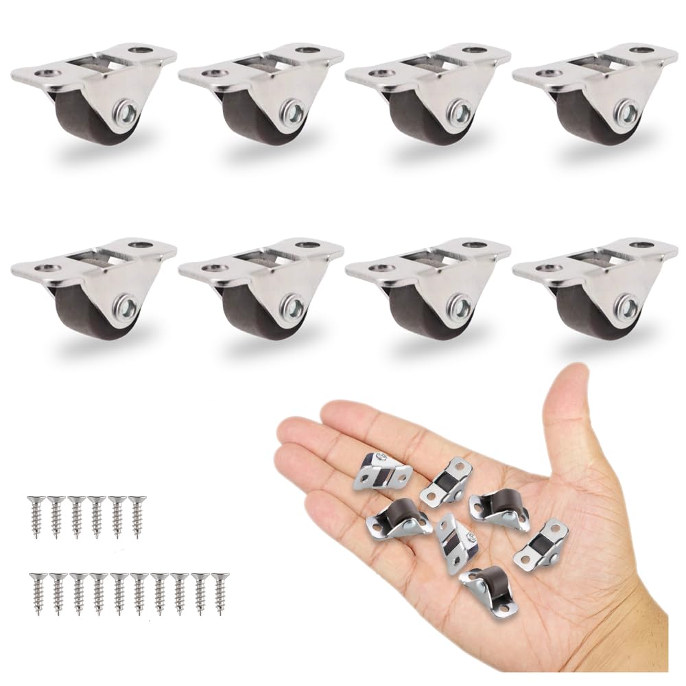 8Pcs 1/2 Inch Mini Caster Wheels Low Profile, Self Adhesive Single Direction Tiny Wheels, Little Rubber Rolling Wheels with Steel Top Plate for Small Appliances,Furniture,DIY Project (Non Swivel)