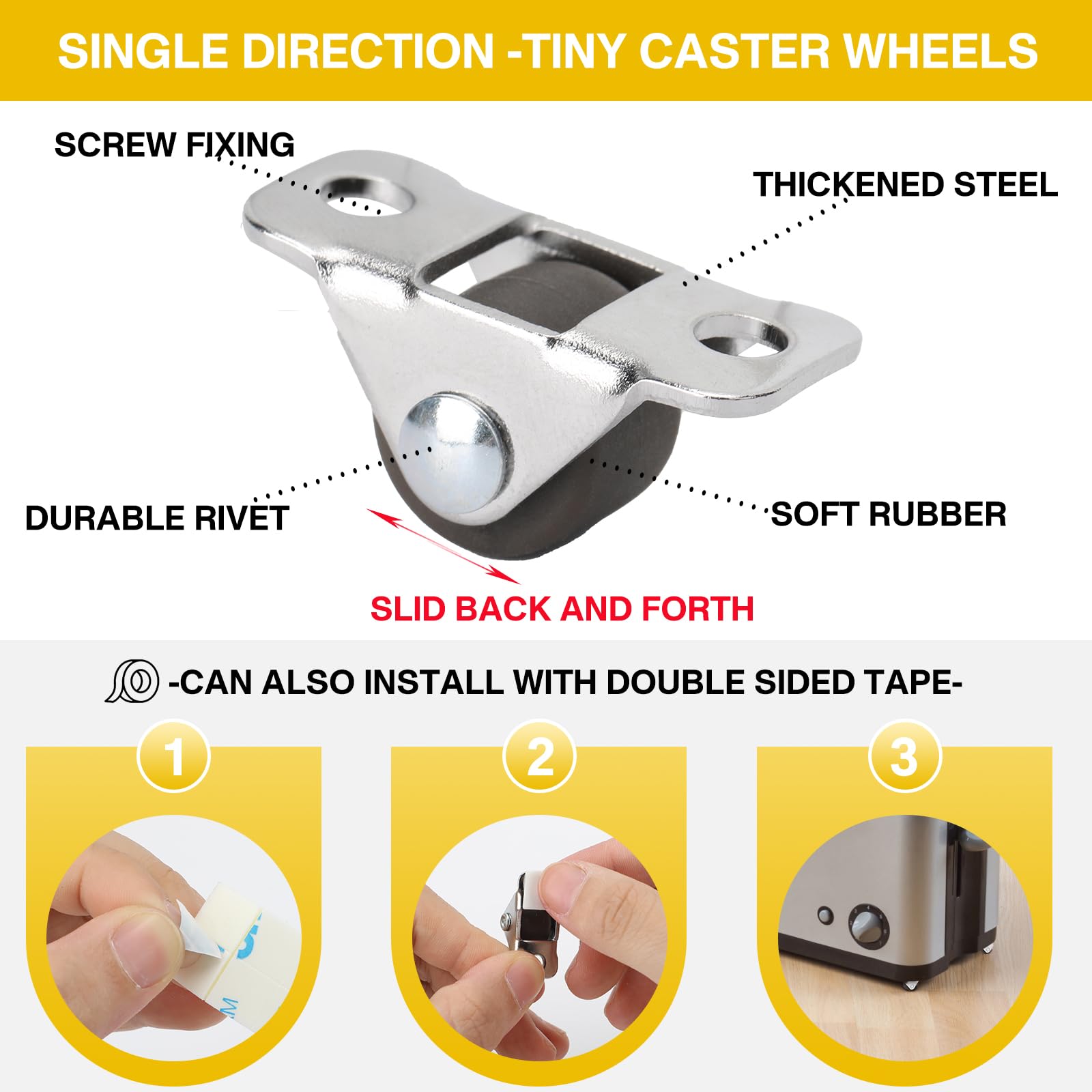 8Pcs 1/2 Inch Mini Caster Wheels Low Profile, Self Adhesive Single Direction Tiny Wheels, Little Rubber Rolling Wheels with Steel Top Plate for Small Appliances,Furniture,DIY Project (Non Swivel)