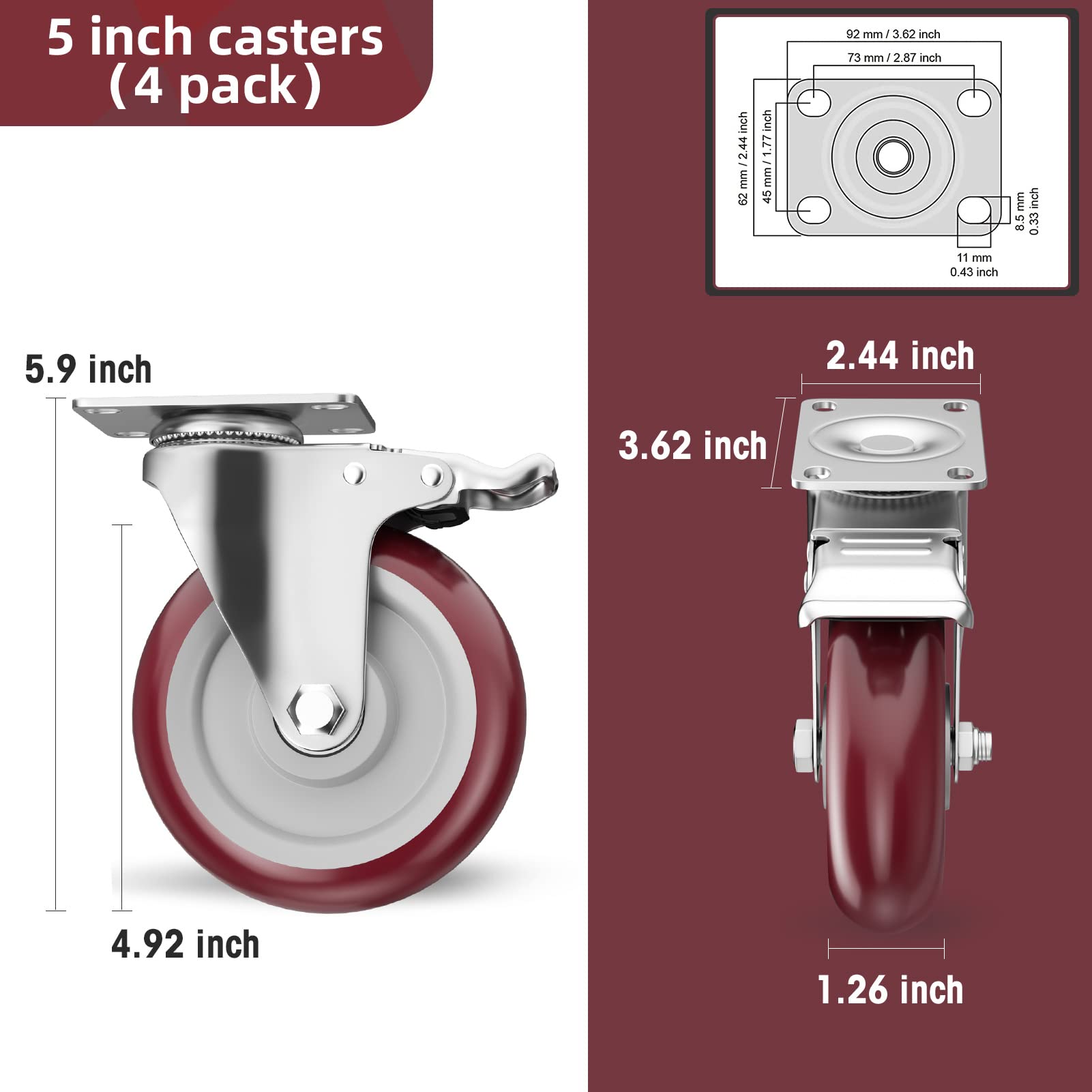 5 Inch Casters Set of 4 Heavy Duty - Caster Wheels, CLOATFET Locking Casters, Swivel Casters with Brake (Top Plate), Double Ball Bearing Non Marking Castor Wheels for Cart Furniture Workbench