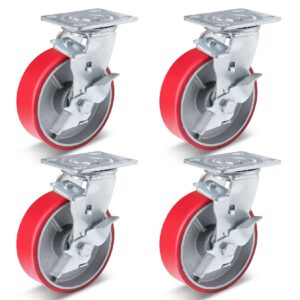 Nefish 6 Inch Industrial Casters Set of 4 Heavy Duty No Noise Polyurethane Wheel on Steel Hub, Workbench Casters with Brakes 4800 Lbs, Plate Swivel Casters for Toolbox Workbench (4 Swivel & Brakes)