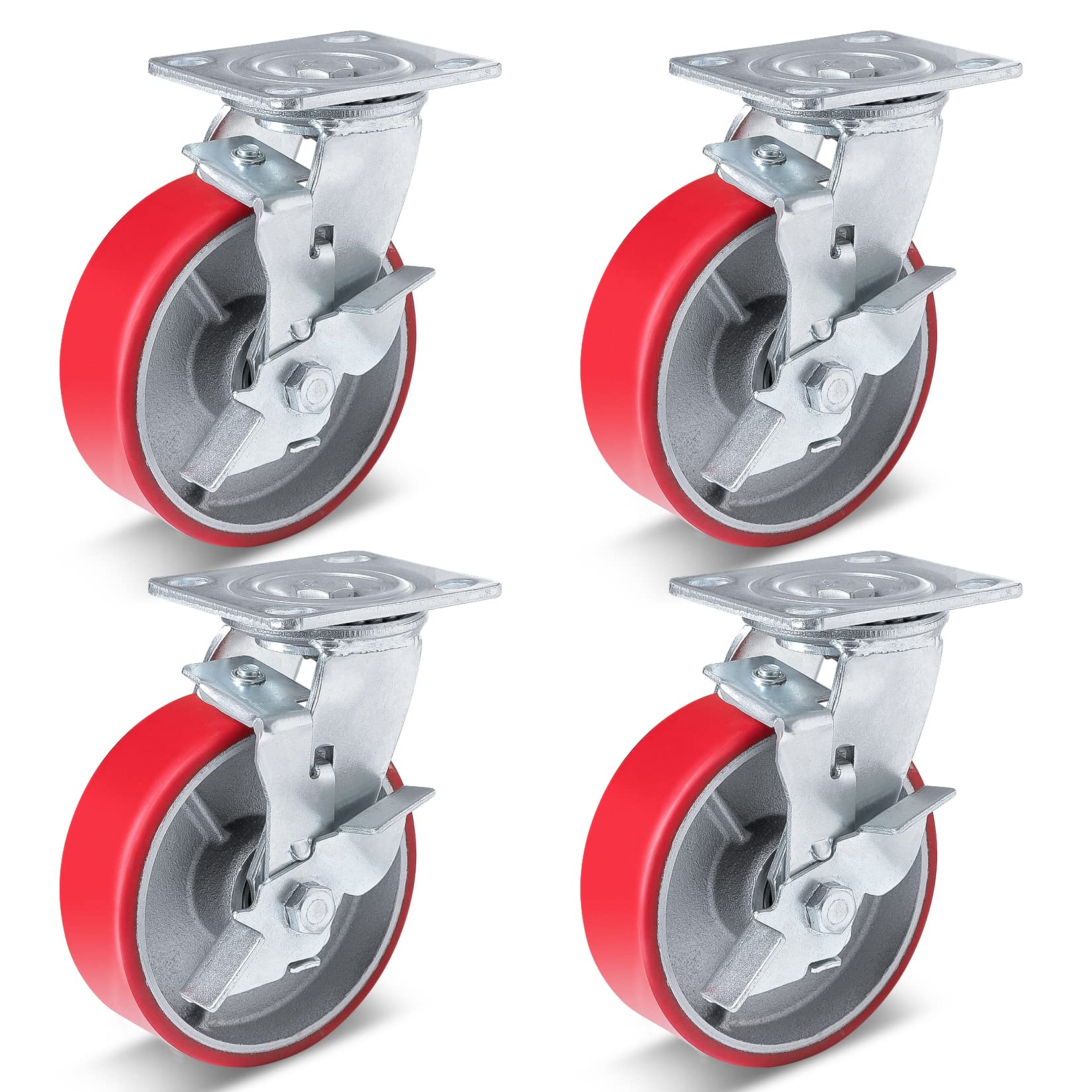 Nefish 6 Inch Industrial Casters Set of 4 Heavy Duty No Noise Polyurethane Wheel on Steel Hub, Workbench Casters with Brakes 4800 Lbs, Plate Swivel Casters for Toolbox Workbench (4 Swivel & Brakes)