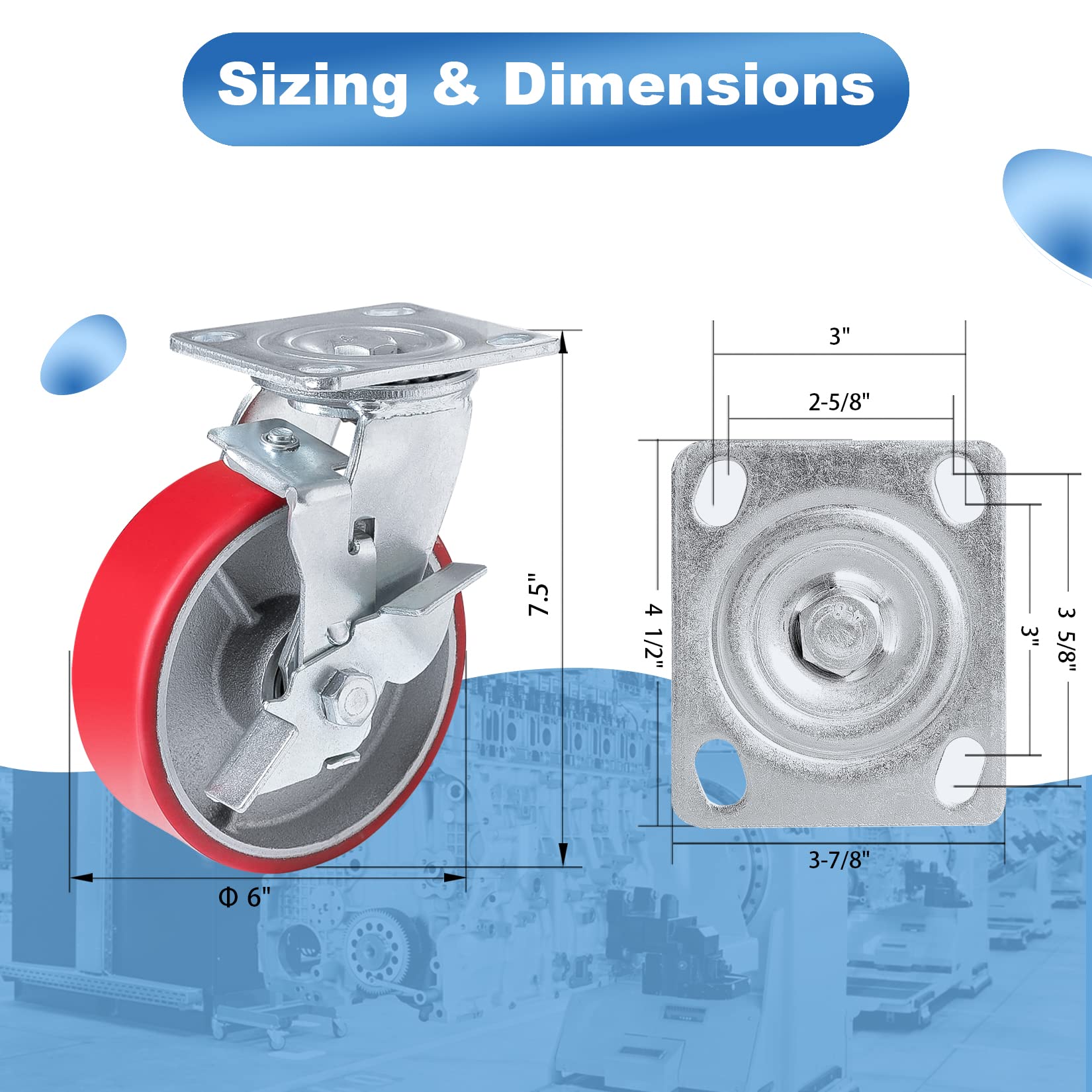 Nefish 6 Inch Industrial Casters Set of 4 Heavy Duty No Noise Polyurethane Wheel on Steel Hub, Workbench Casters with Brakes 4800 Lbs, Plate Swivel Casters for Toolbox Workbench (4 Swivel & Brakes)