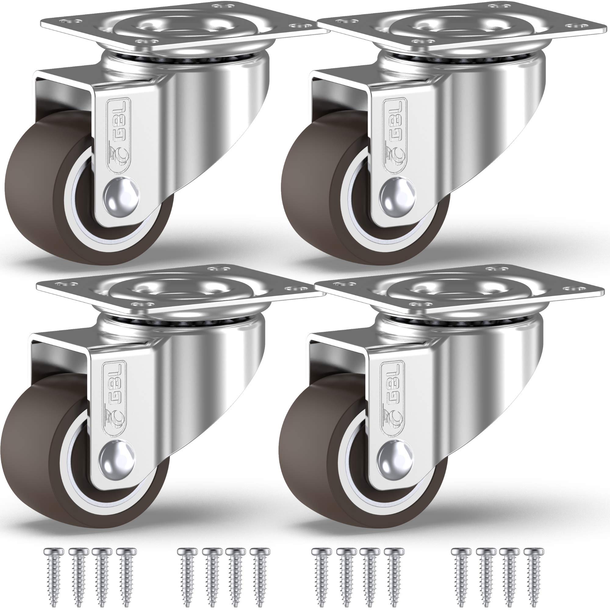 GBL 1" inch Small Caster Wheels with 2 Brakes + Screws - 90Lbs - Low Profile Castor Wheels with Brakes - Set of 4 No Floor Marks Silent Casters - Mini Wheels for Cart