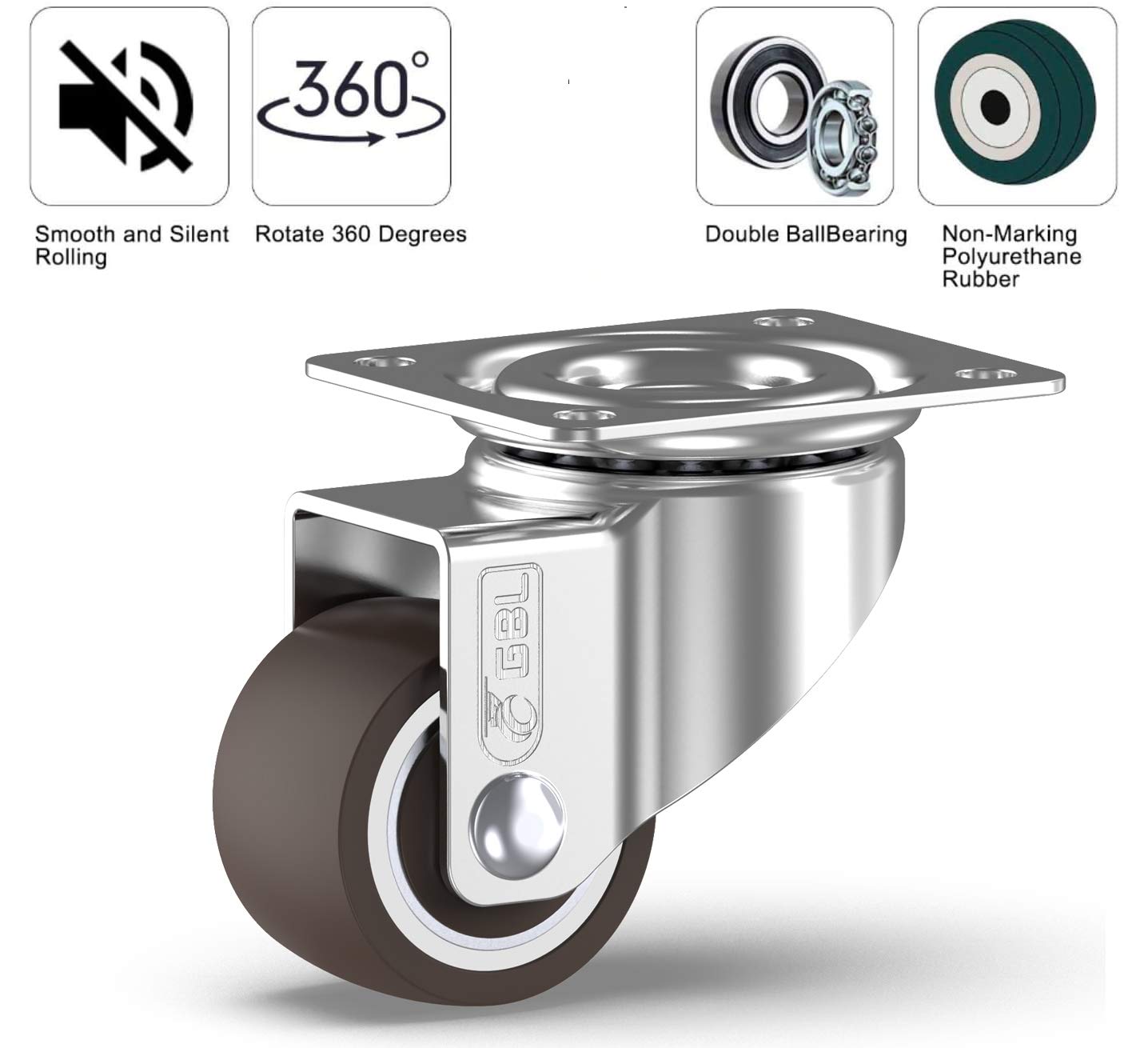 GBL 1" inch Small Caster Wheels with 2 Brakes + Screws - 90Lbs - Low Profile Castor Wheels with Brakes - Set of 4 No Floor Marks Silent Casters - Mini Wheels for Cart