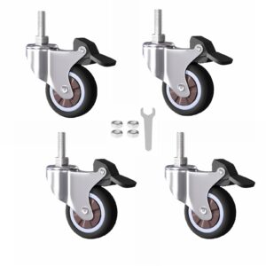 MSWY 1.5" Tiny Threaded Stem Caster Wheels with Brakes,1/4"-20x1" Heavy Duty Low Profile Swivel Replacement Castors for Small Mini Shopping Carts & Funiture, 50lbs per Wheel Set of 4