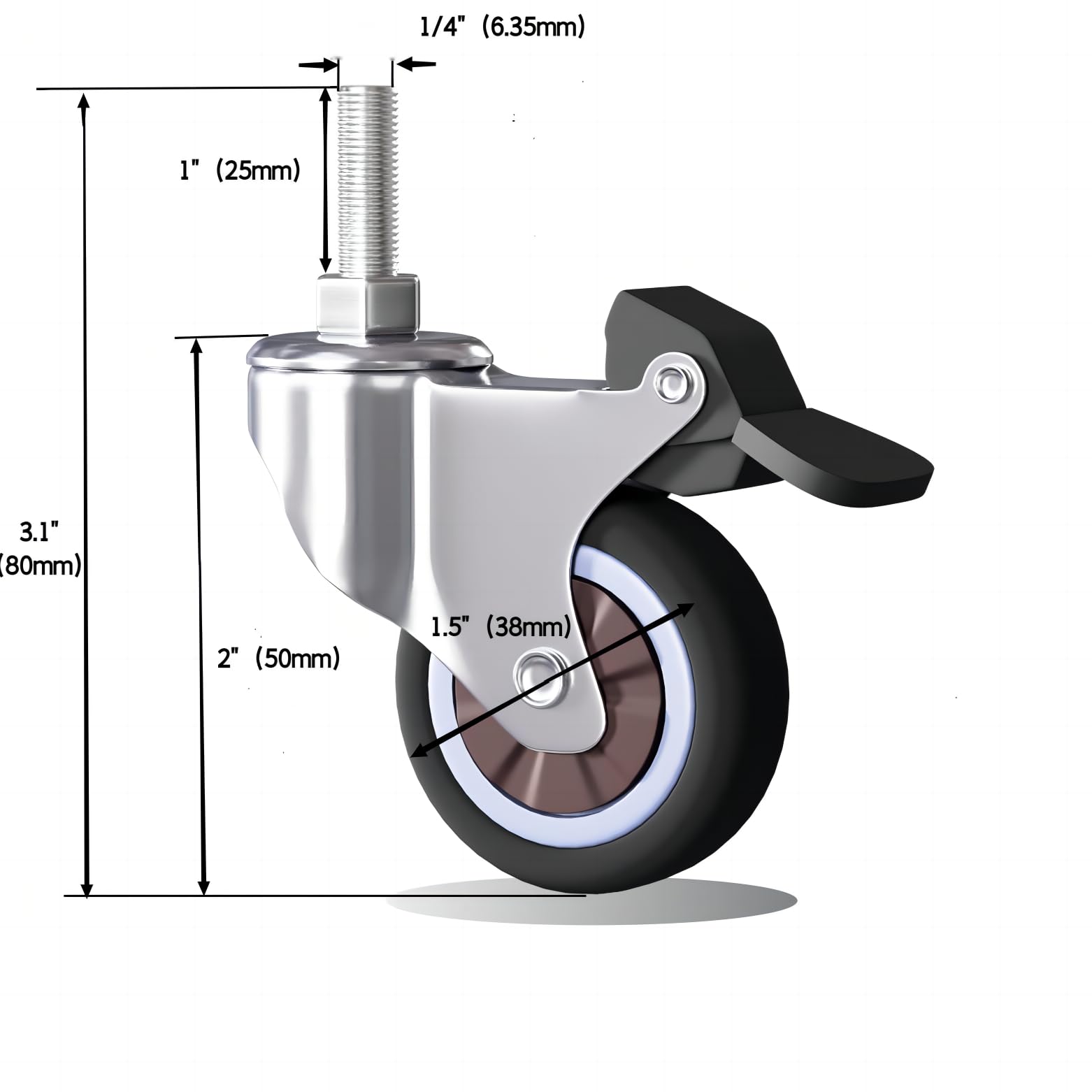 MSWY 1.5" Tiny Threaded Stem Caster Wheels with Brakes,1/4"-20x1" Heavy Duty Low Profile Swivel Replacement Castors for Small Mini Shopping Carts & Funiture, 50lbs per Wheel Set of 4