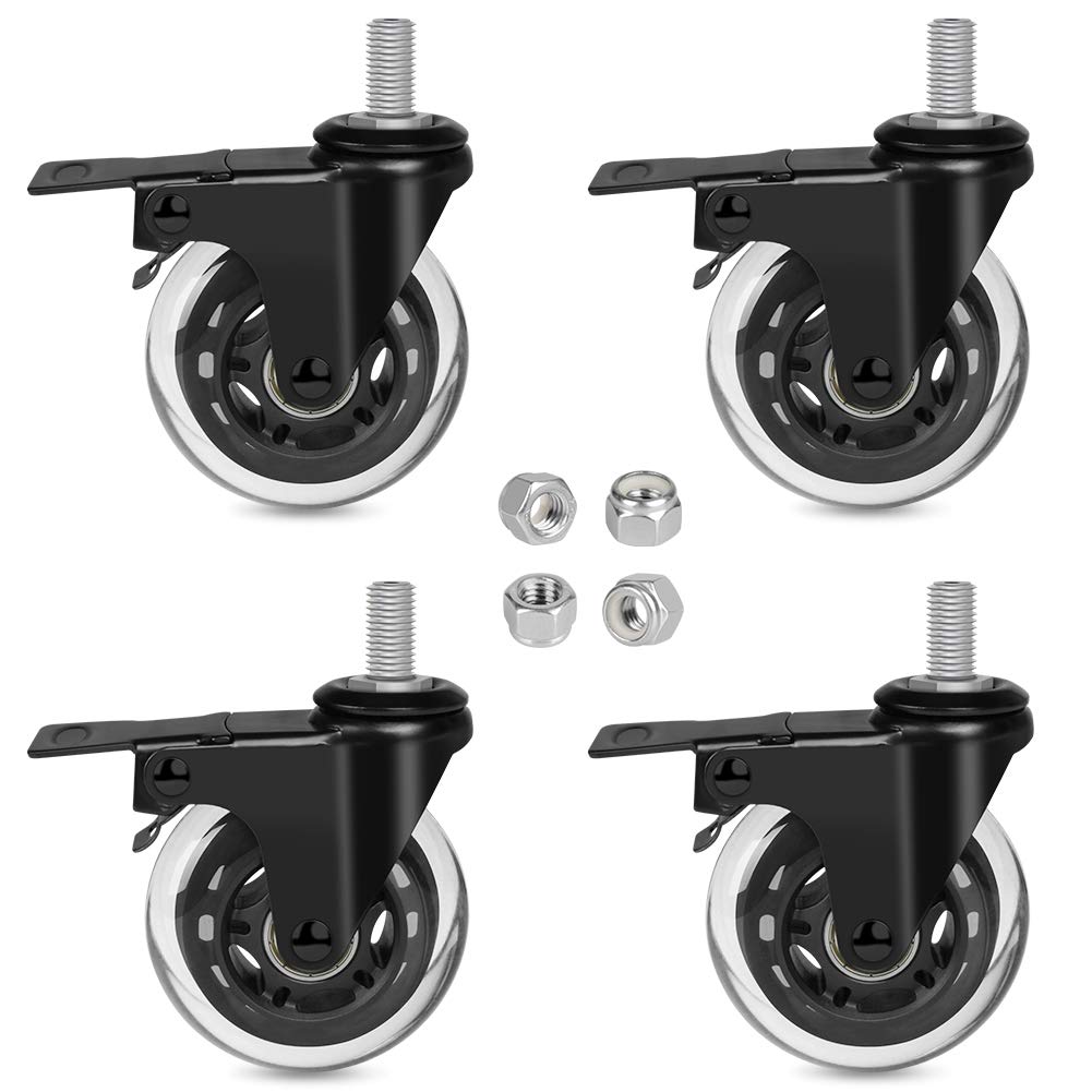 Hirate Threaded Stem Casters 3/8"-16UNC with Brake, Set of 4 Heavy Duty 3" Swivel Caster with Safety Locking for Workbench Trolley Carts with Lock Nuts